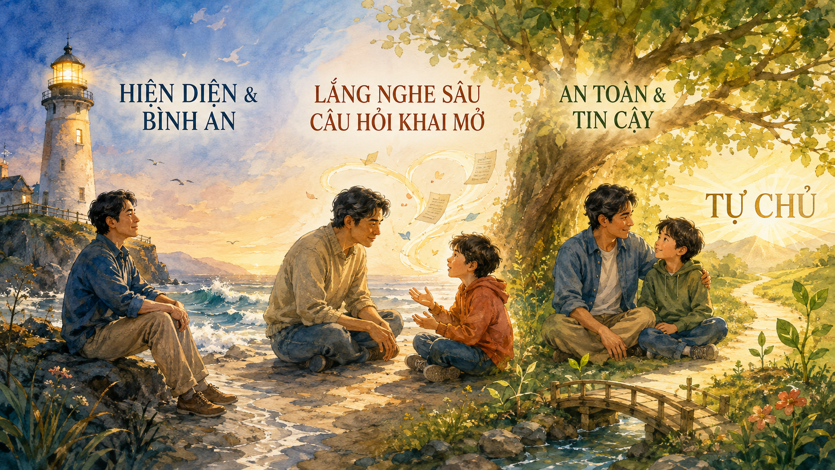 Hiện diện & bình an, lắng nghe sâu & câu hỏi khai mở, an toàn & tin cậy, tự chủ - hành trình của cha mẹ cùng con