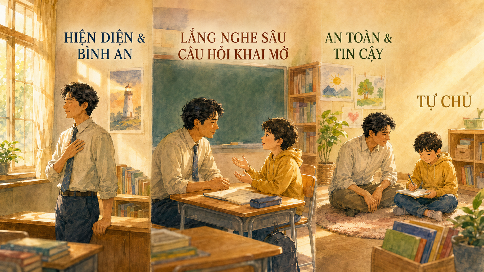 Hiện diện & bình an, lắng nghe sâu & câu hỏi khai mở, an toàn & tin cậy, tự chủ - hành trình của thầy cô cùng học sinh