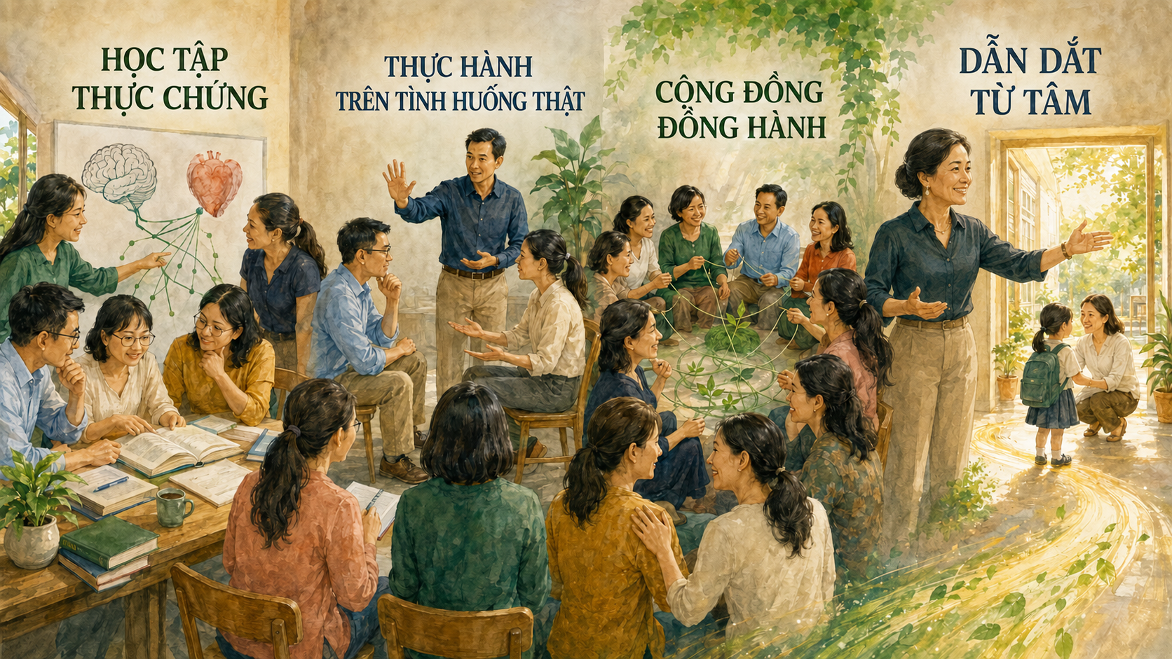 Học tập thực chứng, thực hành trên tình huống thật, cộng đồng đồng hành, dẫn dắt từ tâm - hệ sinh thái thực hành Người Ươm Mầm Xanh
